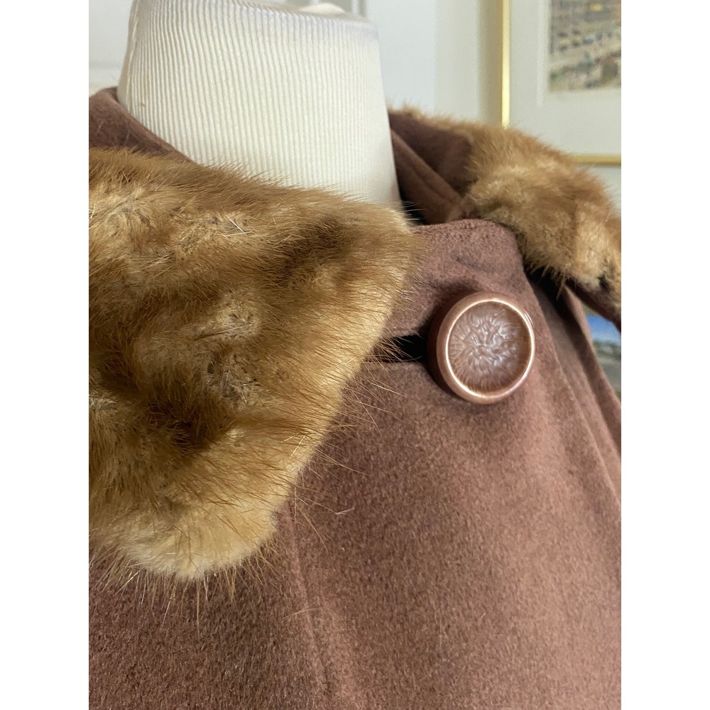 Vtg 50s rothmoor wool Blend Fur Collar Long Coat Brown Button‎ Front Classic - Picture 6 of 11